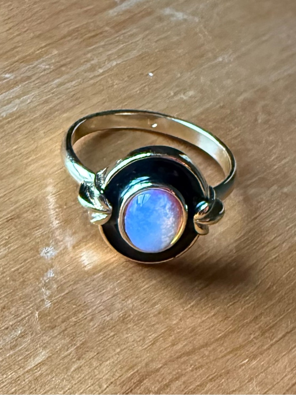 Avon Faux Fire Opal Pink Opalescence Ring with Blank Enamel and Gold Tone Size 9